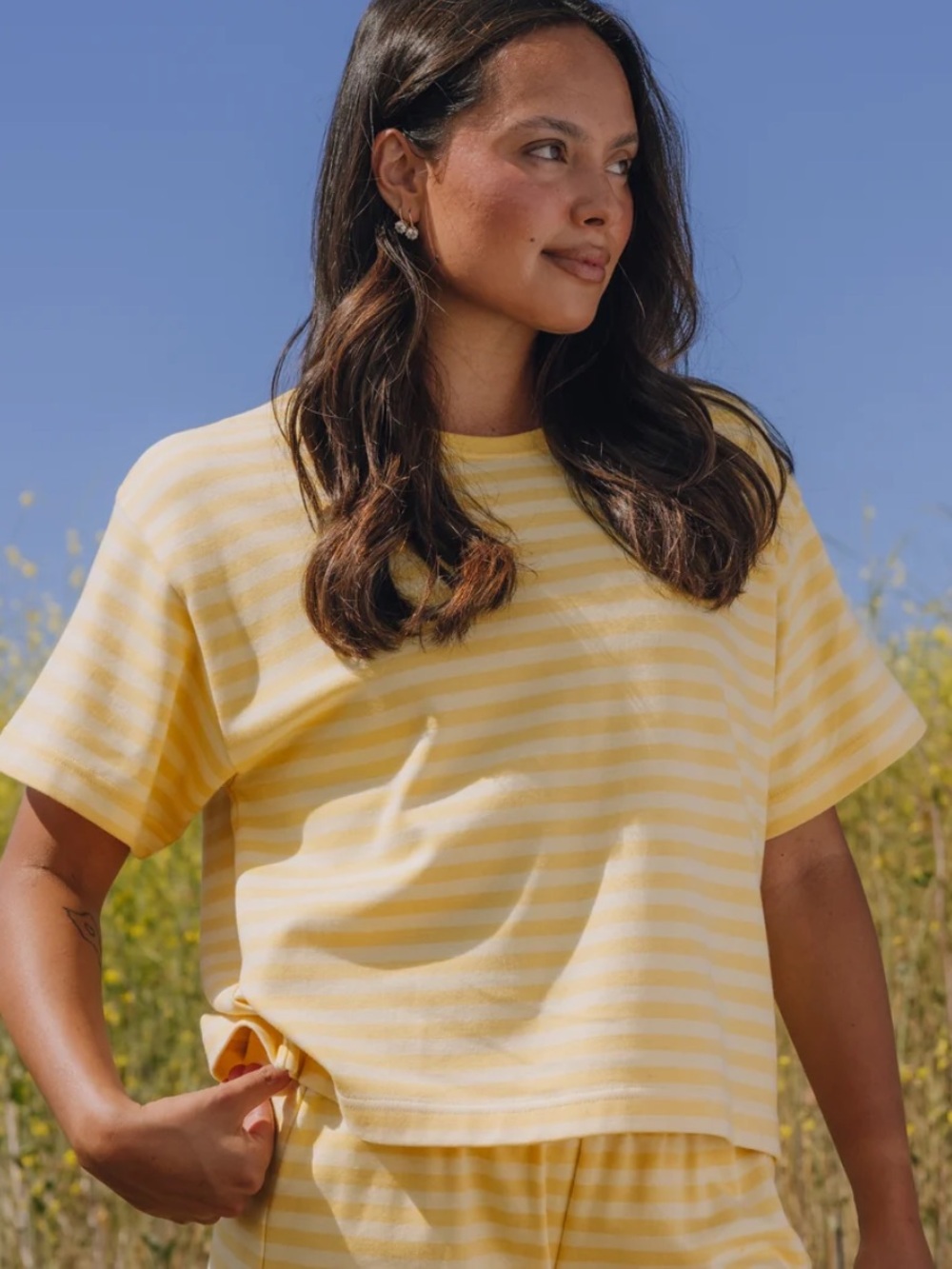 Daily Drills Striped Cotton Relaxed Tee - Sunny + Butter Stripe Size M/L NWOT